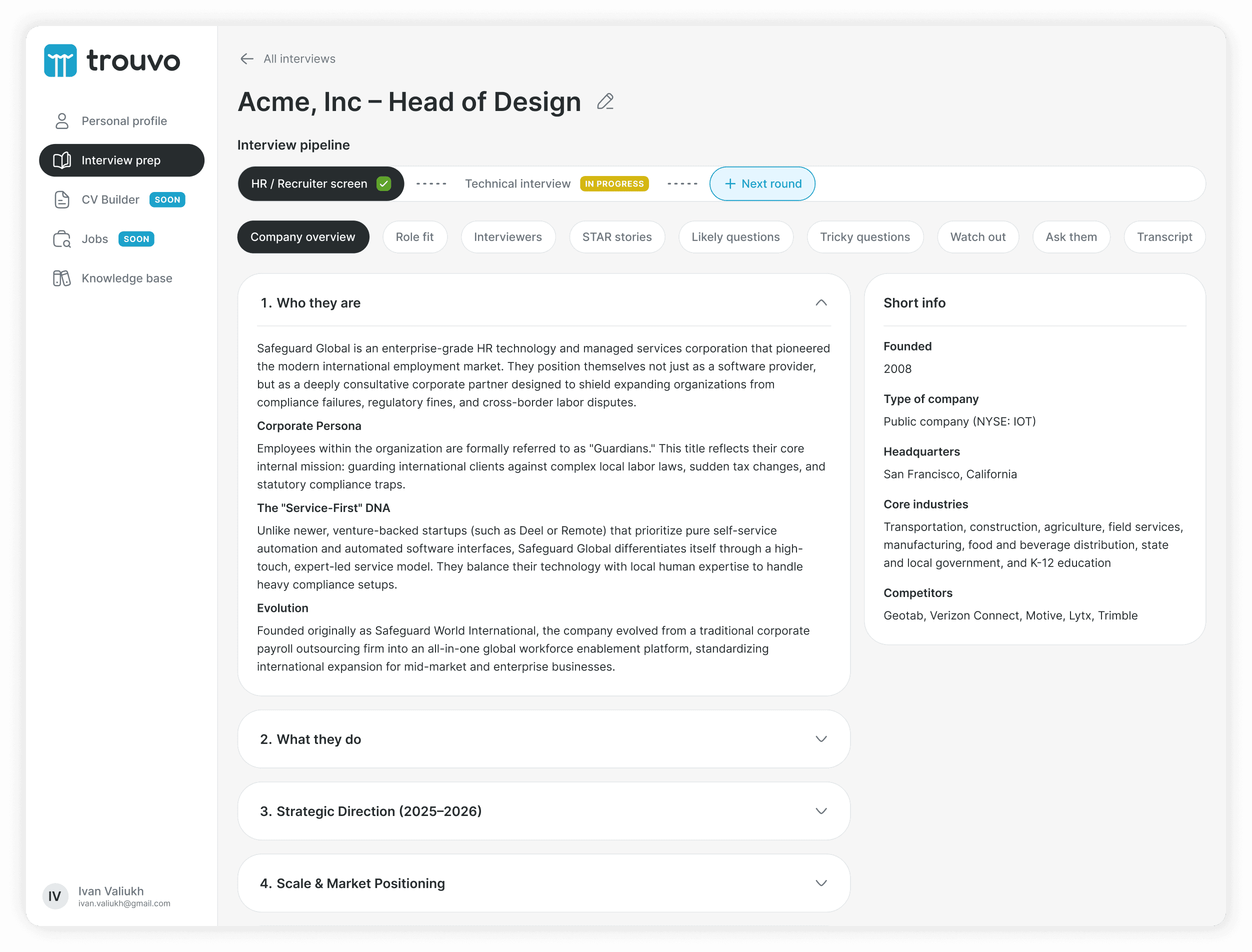 Trouvo's interview briefing workspace